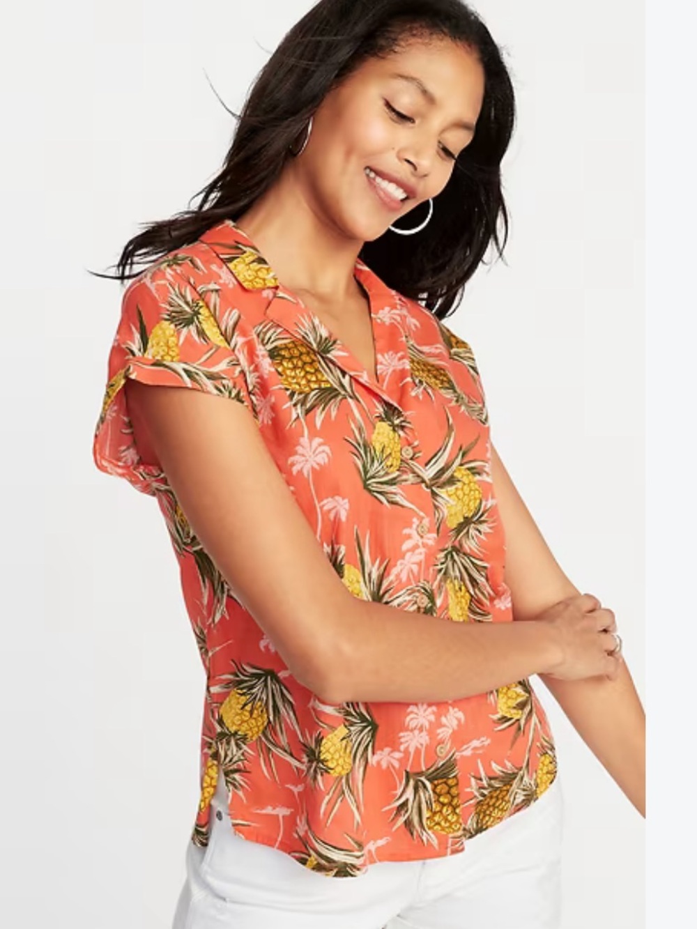 Old Navy Coral Pineapple Print Button-Front Shirt